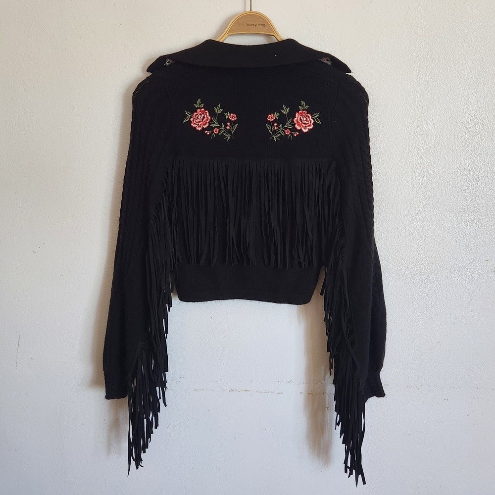 Forever 21 Cropped Knit Bolero Cardigan Small Black Embroidered Cowgirl Western